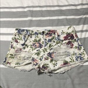 Forever 21 Cream Jean Shorts Floral Distressed